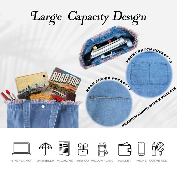 Brand New with Tag - Forest-Inspired Red Fringe Boho Denim Tote Bag for Women - Picture 5 of 8